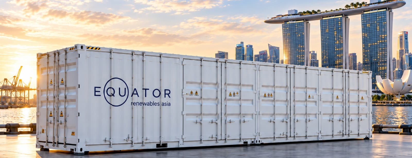 A white containerised clean energy unit branded Equator Renewables Asia, staged at a port with the Singapore skyline behind it.