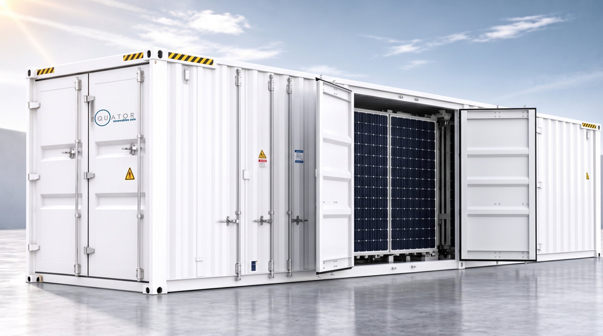 SolarBox™ 40-ft container with the Equator Renewables Asia logo, side doors open to show the folded PV tables inside